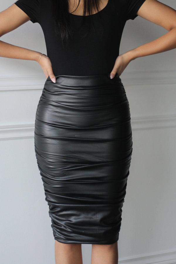 Pleather Ruched Midi Skirt - EMMYDEVEAUX