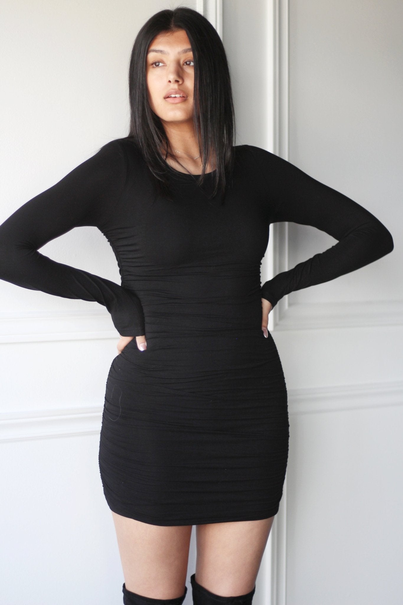 Crew Neck Ruched Mini Dress - EMMYDEVEAUX