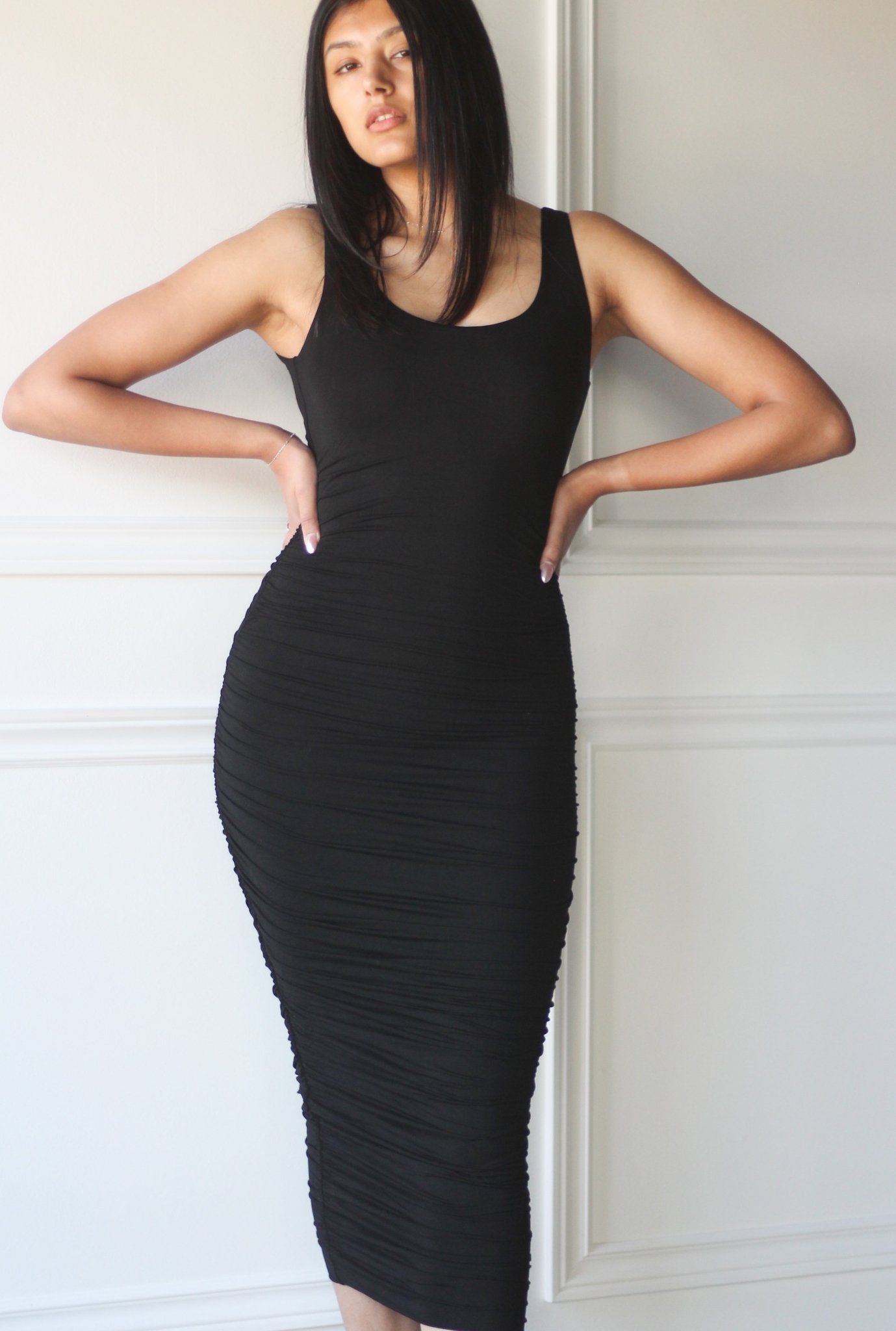 Ruched Tank Midi Bodycon Dress - EMMYDEVEAUX