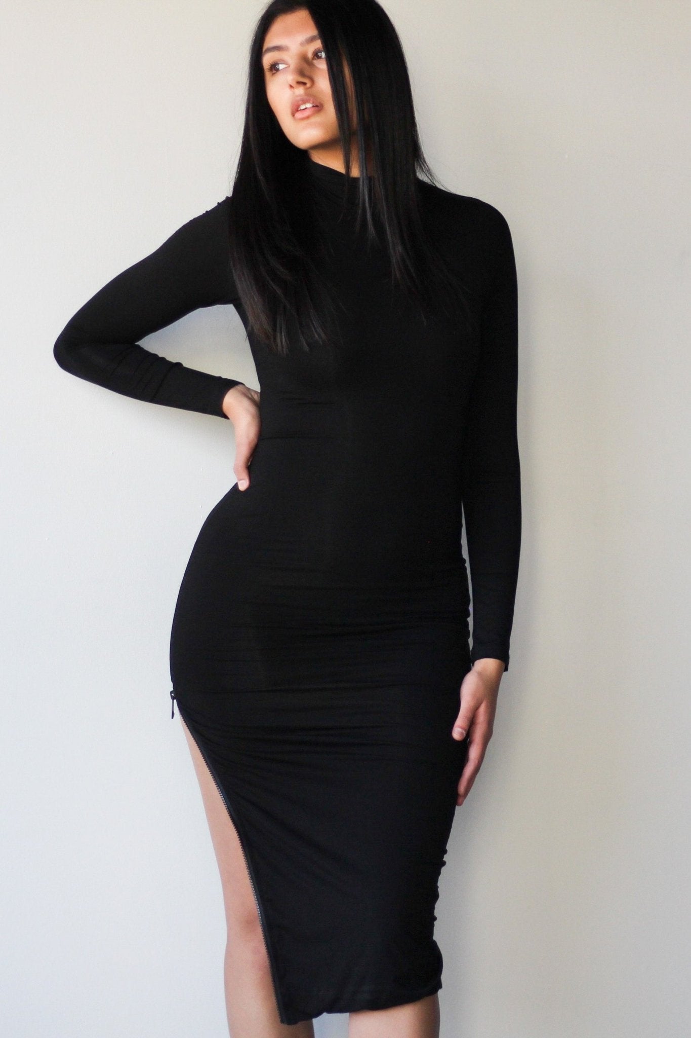 SALE - Compression Turtleneck Midi Bodycon w/ Zipper - EMMYDEVEAUX