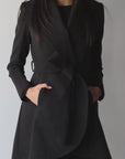 Women's Black Belted Curved Edge Mid Length Tailored Jacket
