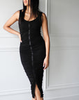 Compression Ruched Zipper Maxi Bodycon - EMMYDEVEAUX
