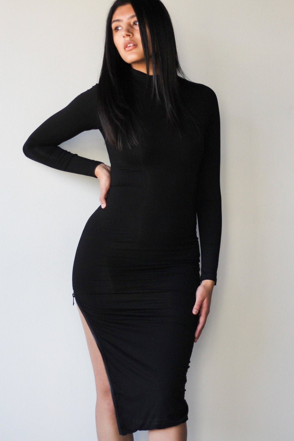 Compression Turtleneck Midi Bodycon Dress with Zippers – EMMYDEVEAUX