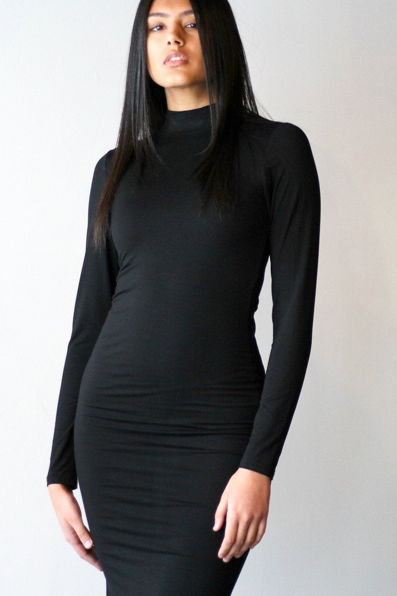 Compression Turtleneck Midi Bodycon Dress with Zippers - EMMYDEVEAUX