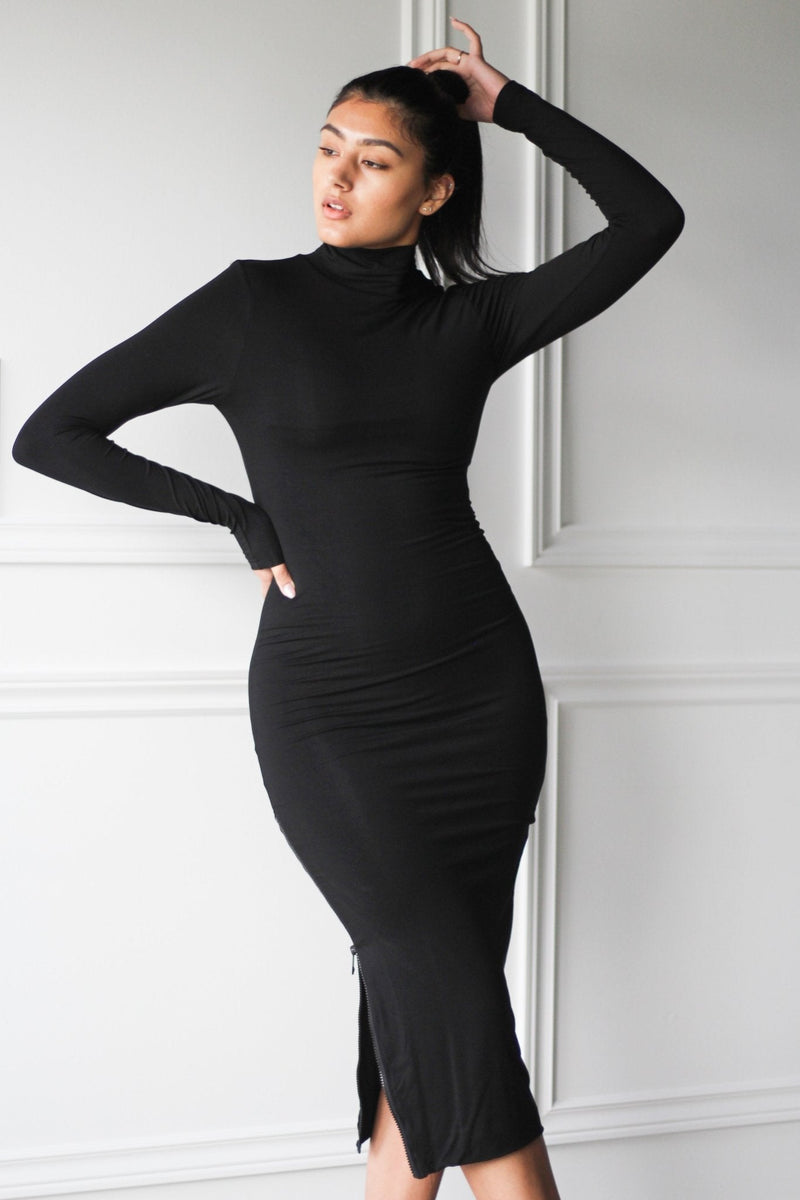 Compression Turtleneck Midi Bodycon Dress with Zippers - EMMYDEVEAUX