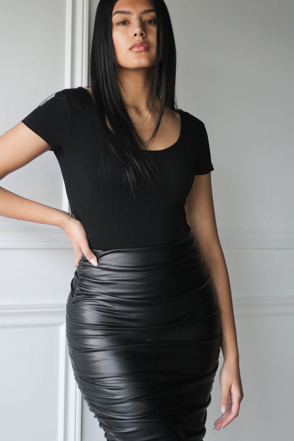 Pleather Ruched Midi Skirt - EMMYDEVEAUX