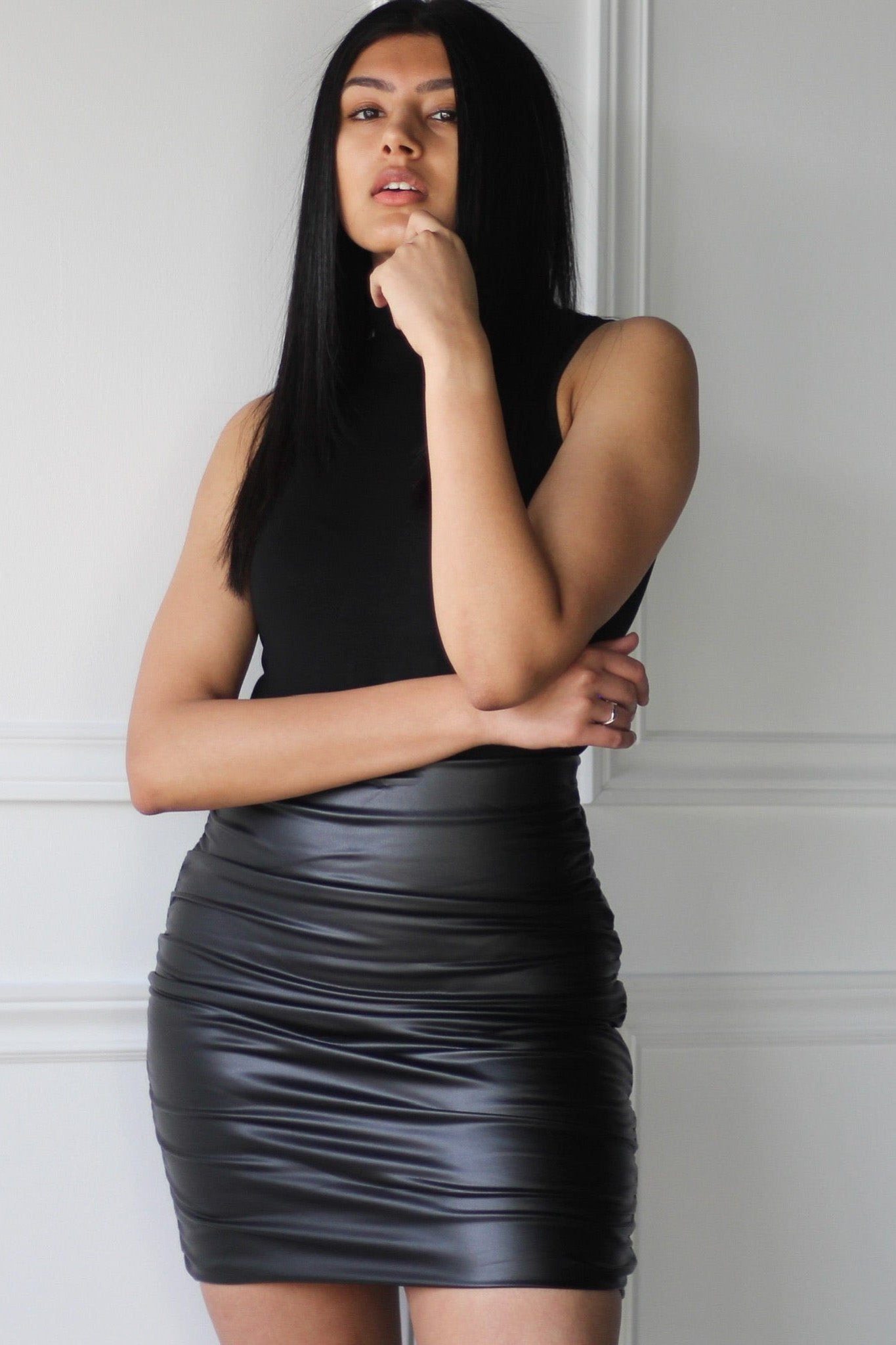 Pleather Ruched Mini Skirt XS Black